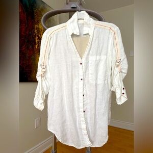 ZARA 100% Linen XS/S Button-Up Shirt with Red Accent Stitching Buttons